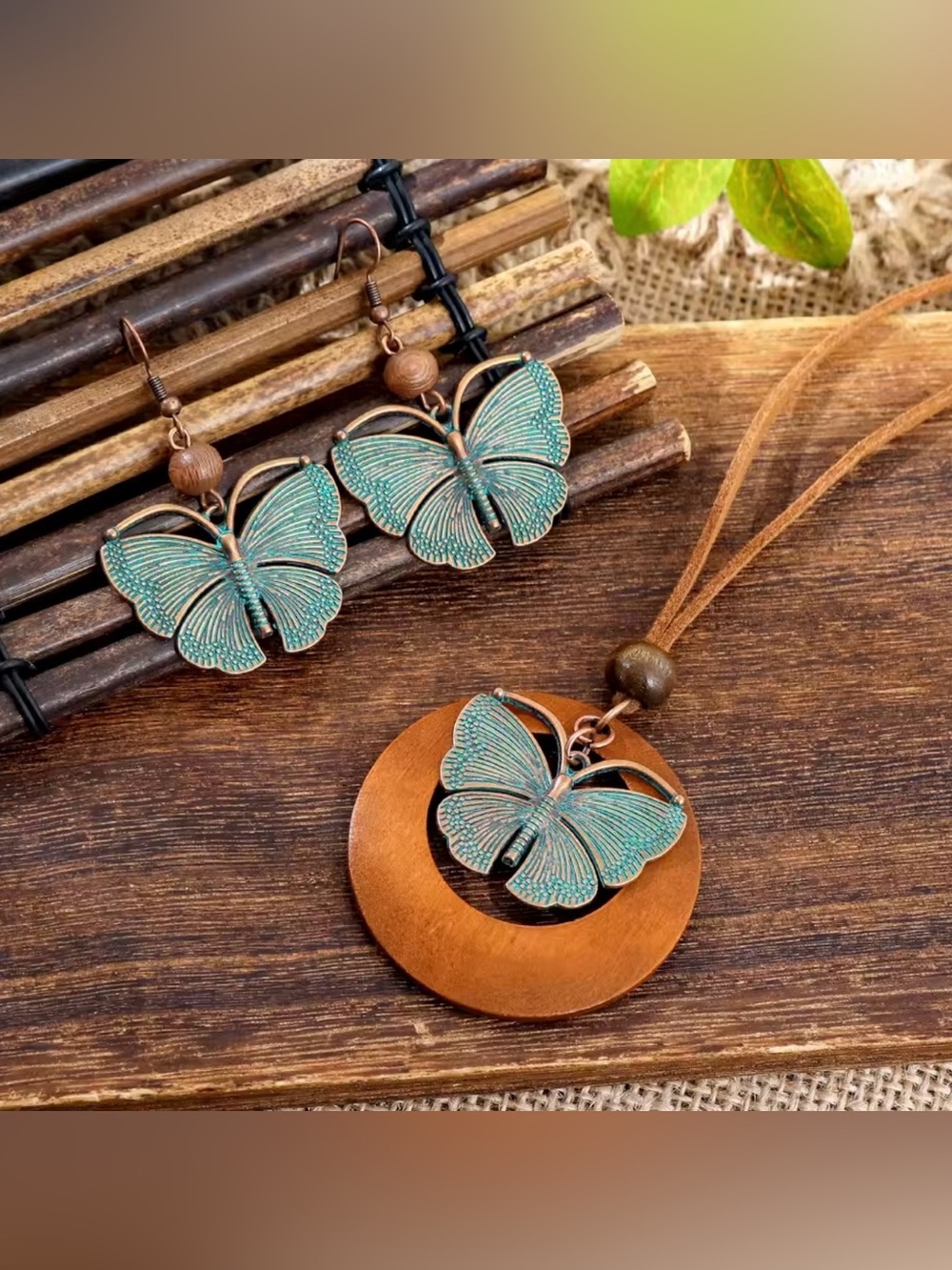 Copper & Teal Butterfly moth leather cord Necklace and Earring Set